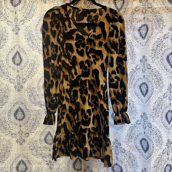 River Island Tan Long Sleeve‎ Leopard Dress Size 2 - Picture 1 of 7